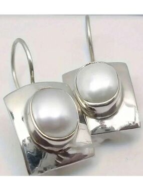 Anthropologie Silver Square Drop Earrings with White Pearlescent Center